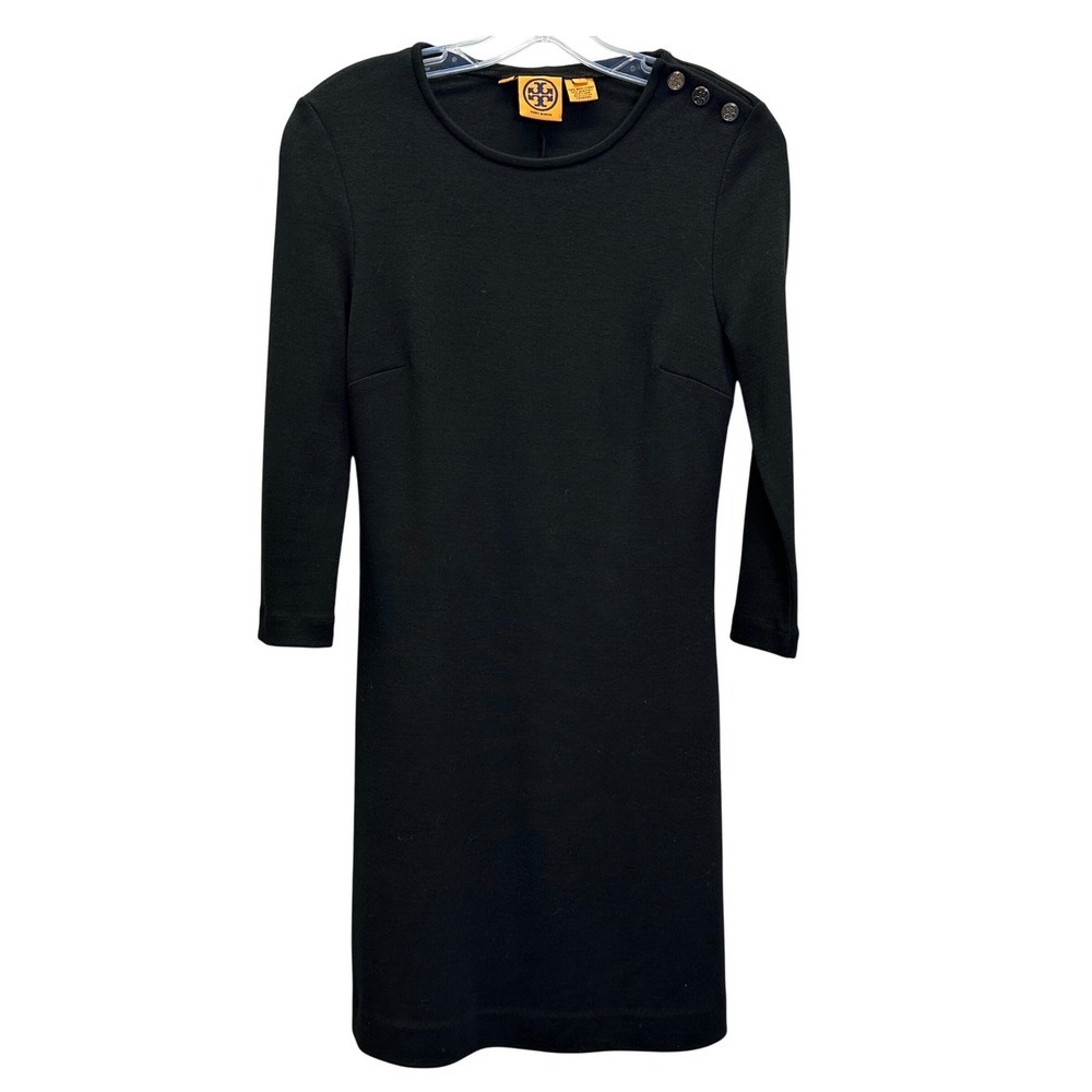 Tory Burch Black Knit Sheath Dress Size 4 Wool Blend Button Shoulder Long Sleeve